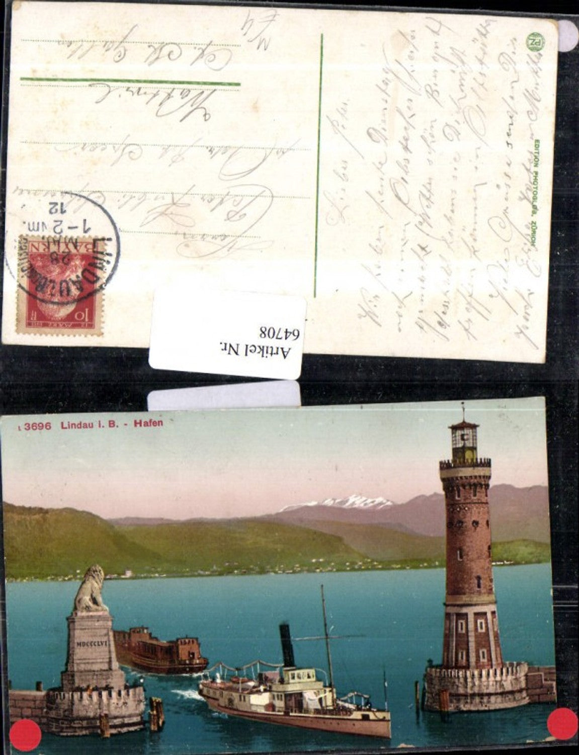 64708,Lindau Bodensee Hafen Ansicht mit Dampfer Leuchtturm u Statue 1928