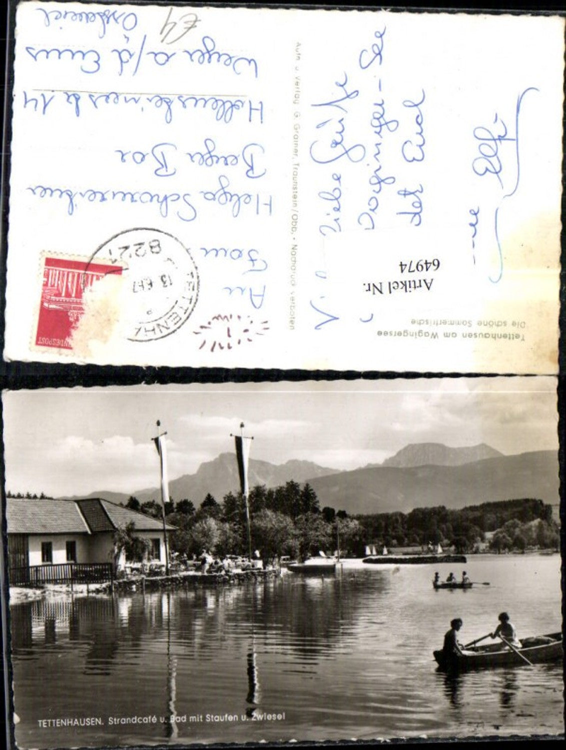 64974,Tettenhausen am Wagingersee Strandcafe u Bad mit Staufen u Zwiesel Ansicht mit Ruderer 1967