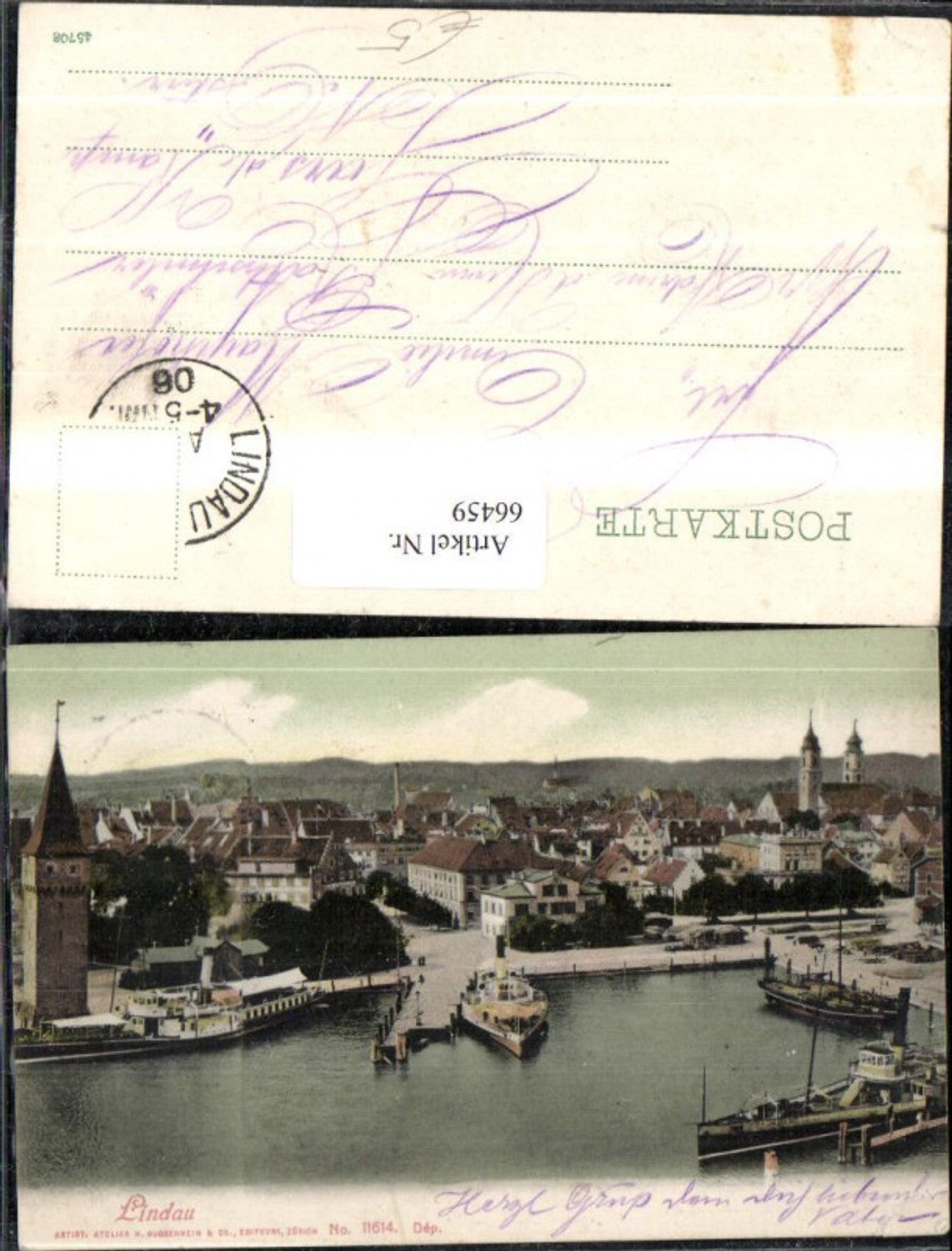 66459, Lindau, view of the harbor with steamer, 1906