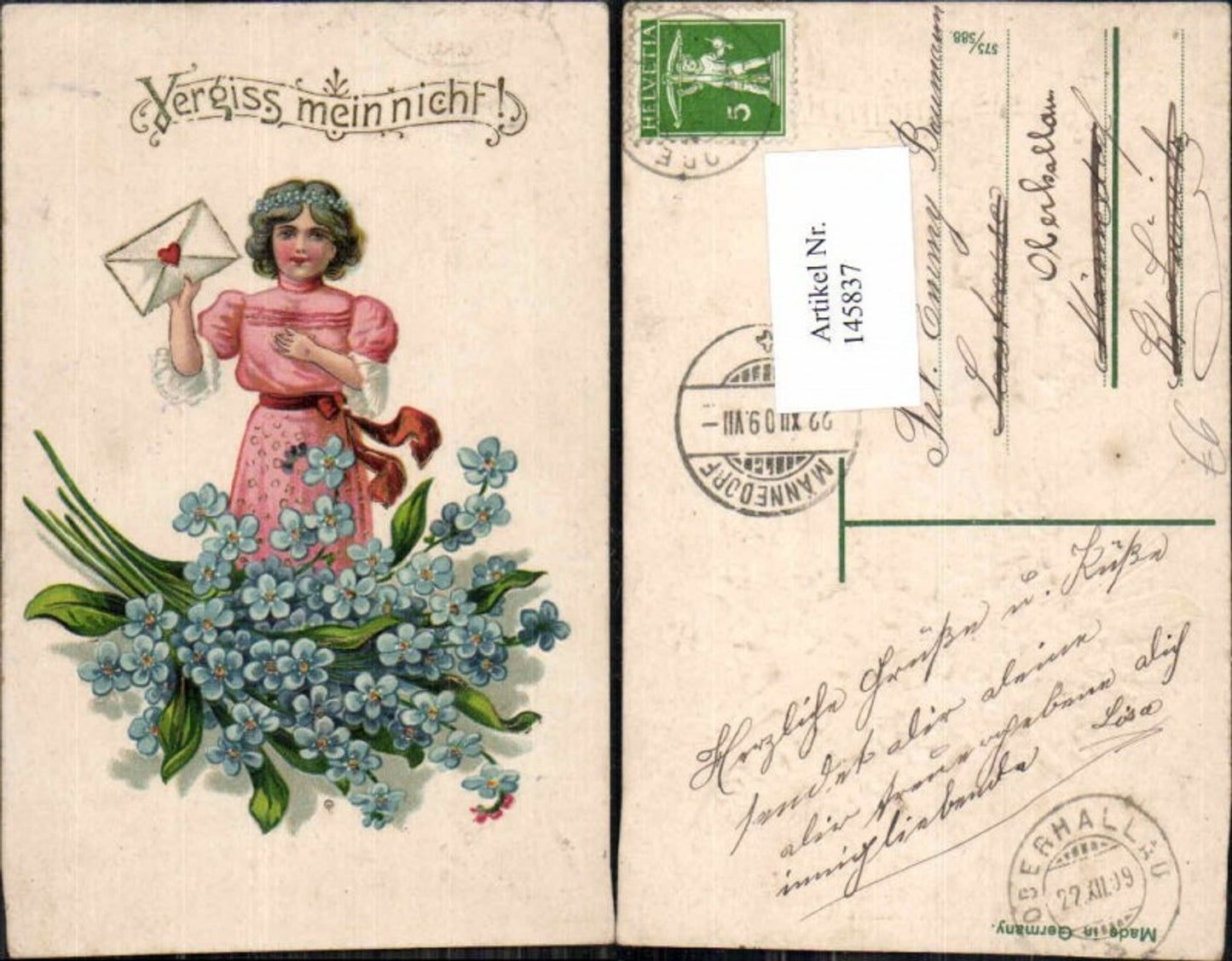 145837,Tolle Präge Litho Blumen Kind Brief Siegel Herz Vergissmeinnicht gel Männedorf
