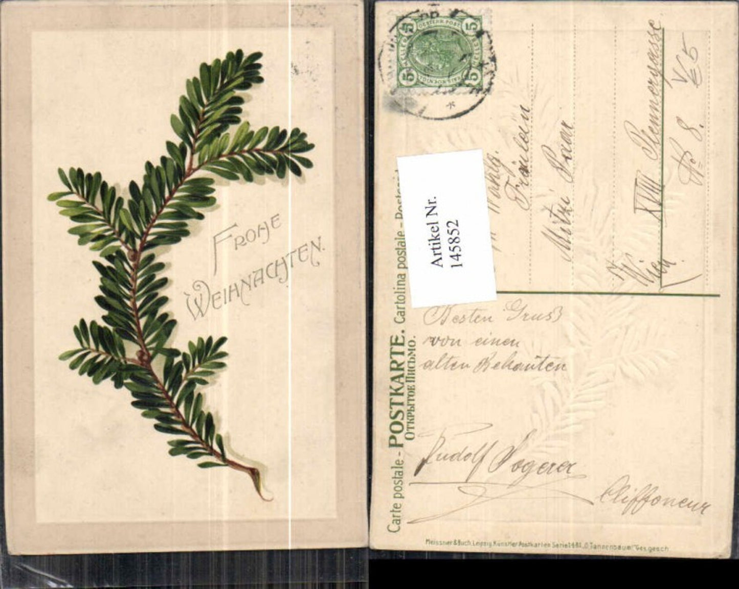 145852, Christmas Meissner & Buch embossing AK 1481 fir branch fir tree