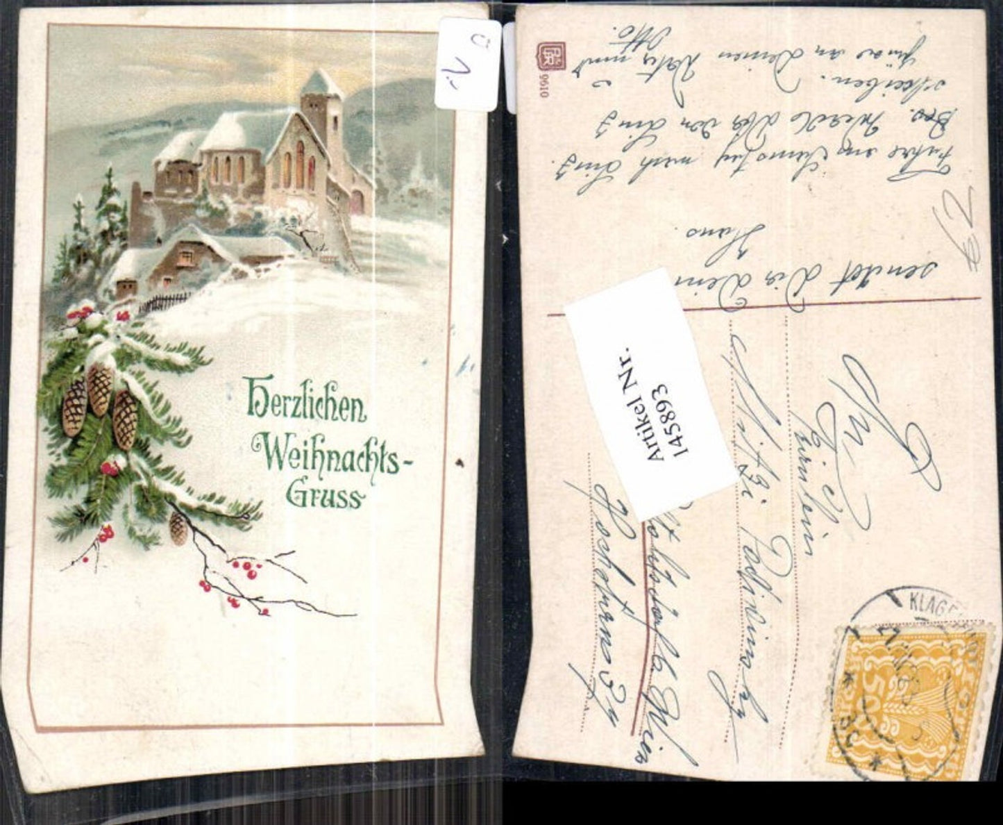 145893, Christmas Lithograph Pine cones Fir branches Church