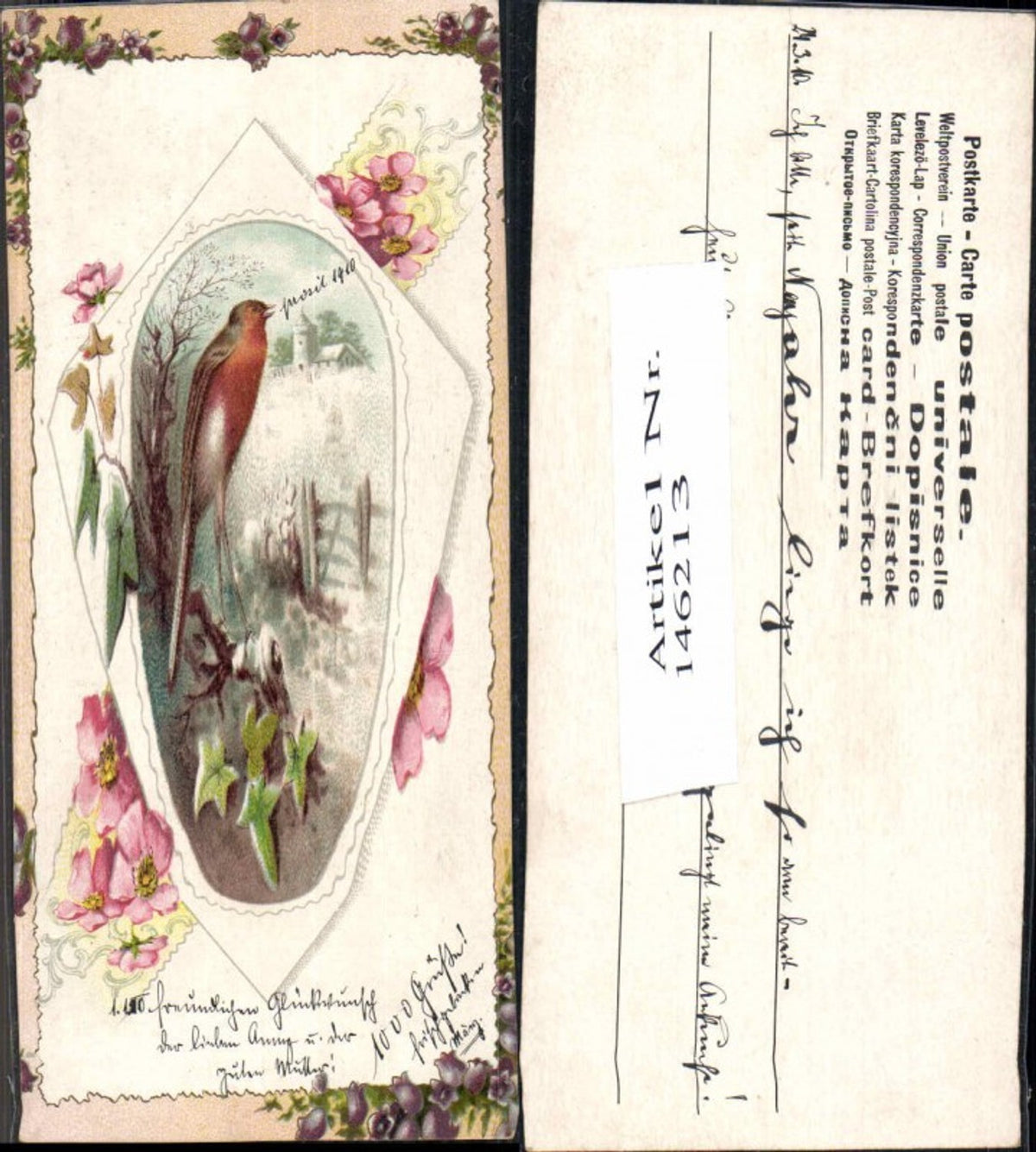 146213,Litho VOgel Blumen verziert