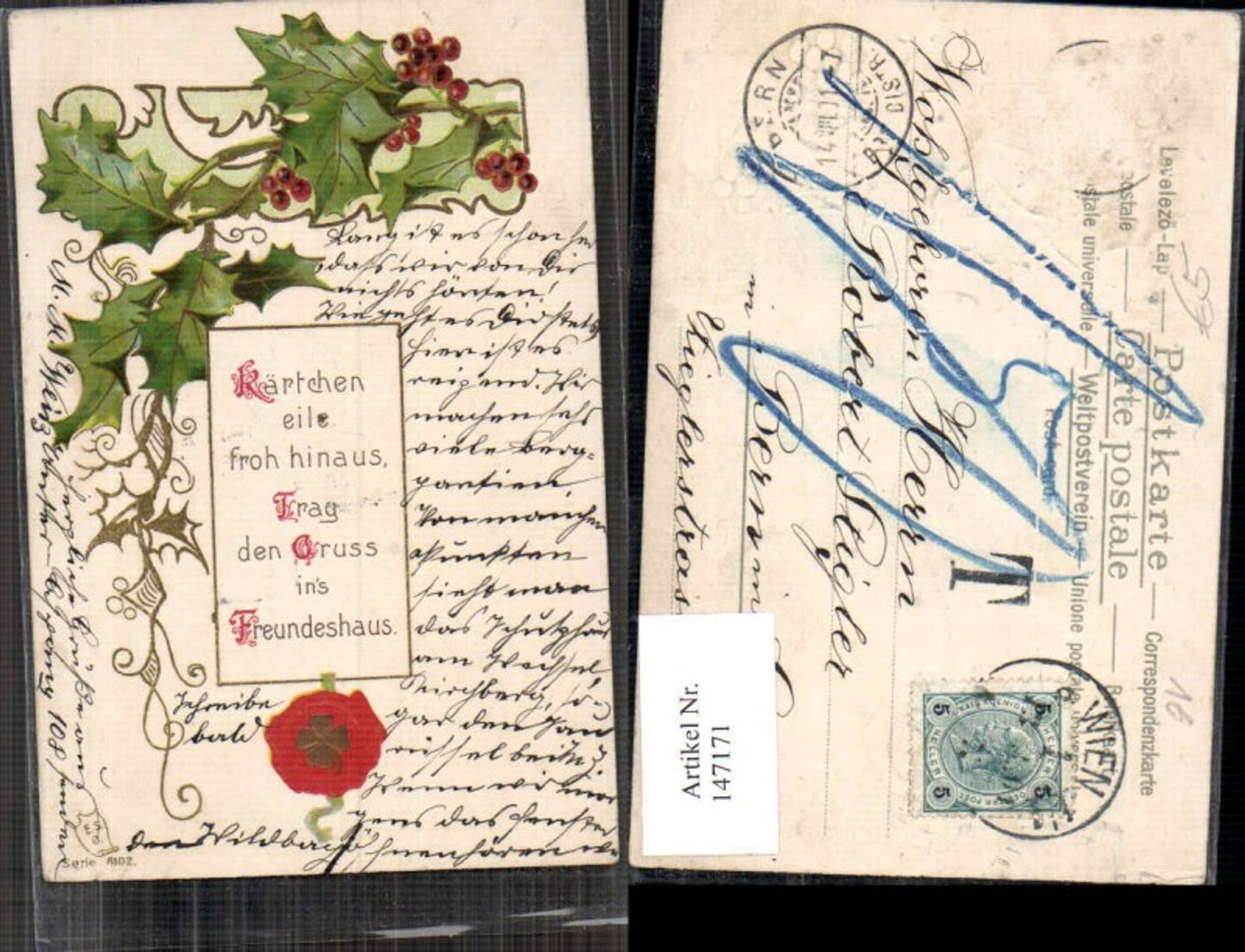 147171, embossed lithograph seal New Year thistle 1900