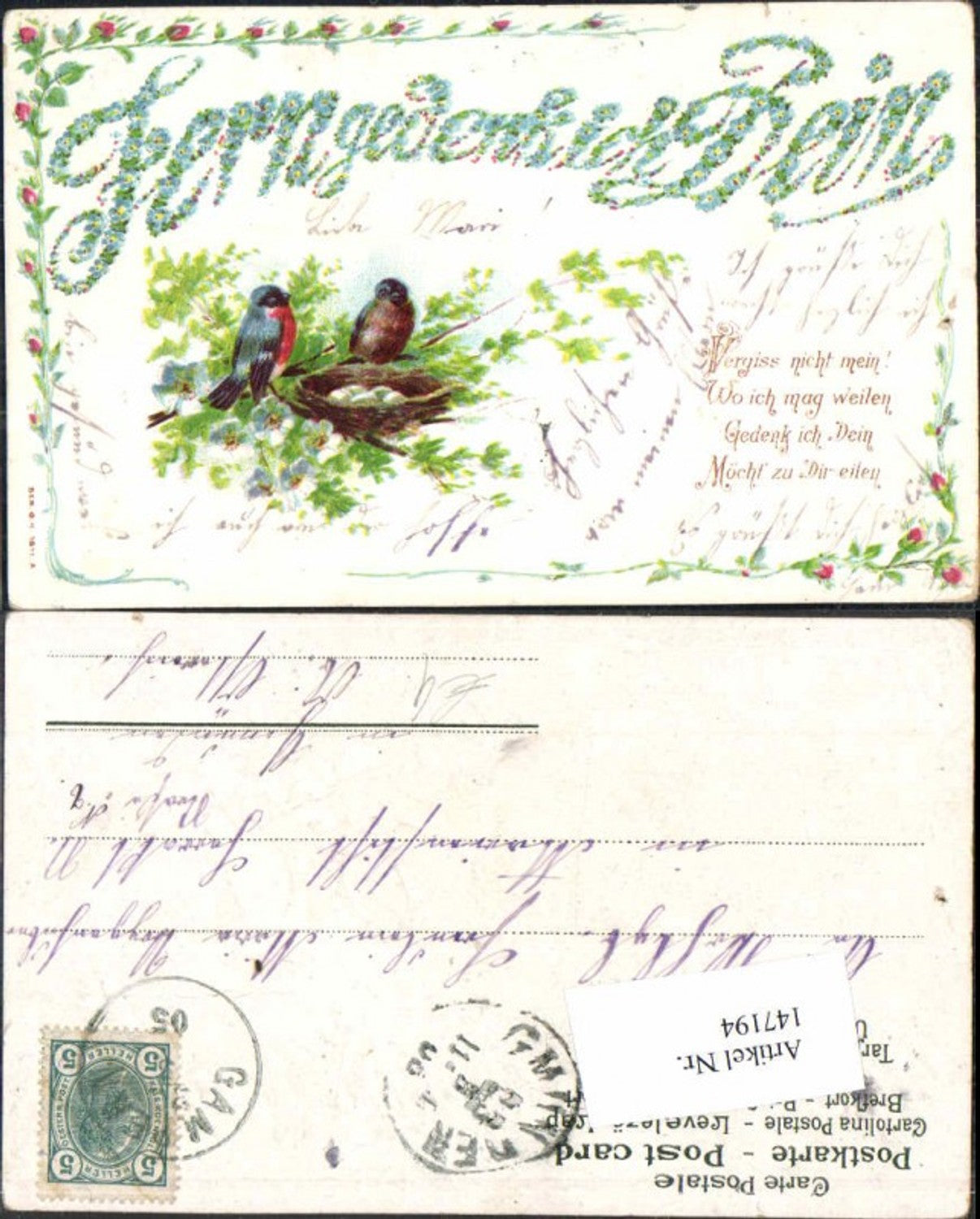 147194,Präge Litho Vogel Vogelnest Eier Fern gedenk ich dein