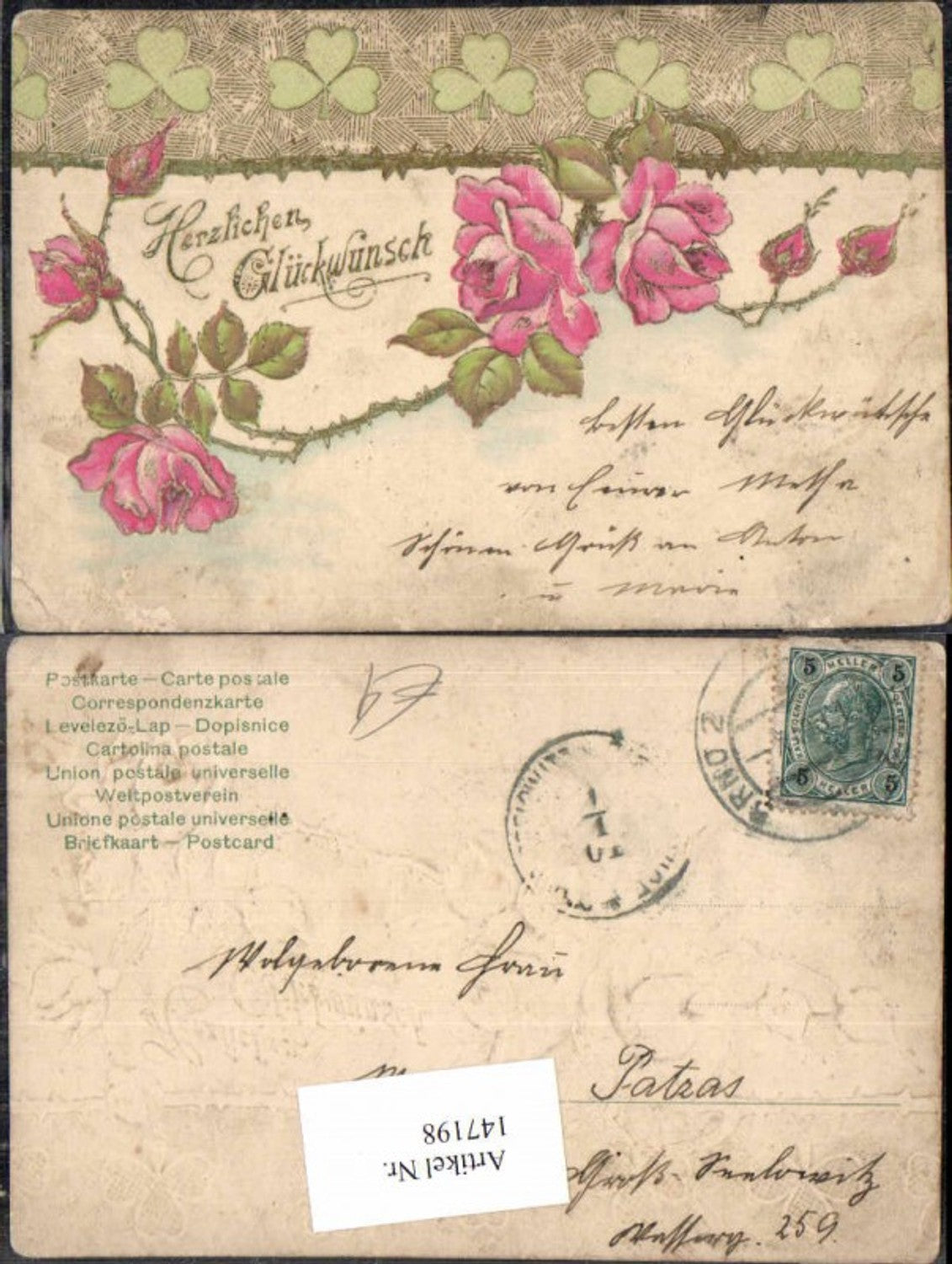 147198,Tolle Präge Litho Rosen Blumen Klee Kleeblatt 1900