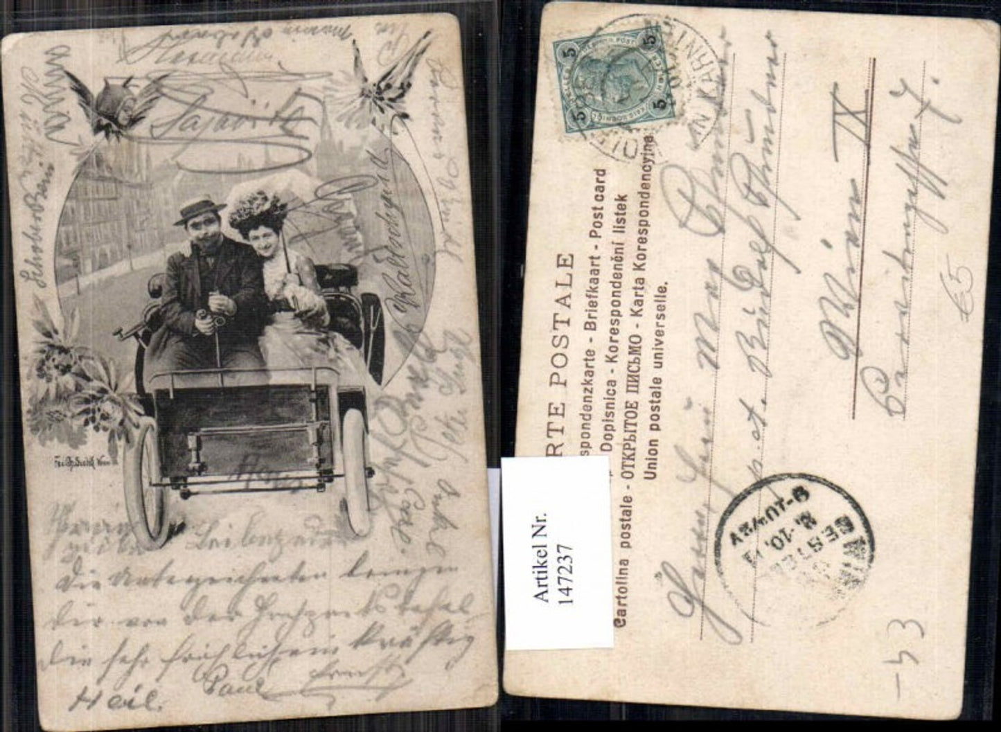 147237,Mann und Frau Schirm im Auto Oldtimer Phantasie Automobil 1900