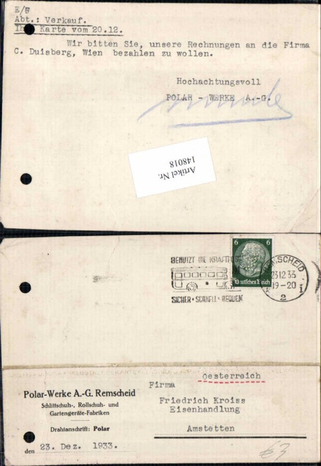 148018,Geschäftsbrief Polar Werke Remscheid nach Amstetten Fa. Kroiss