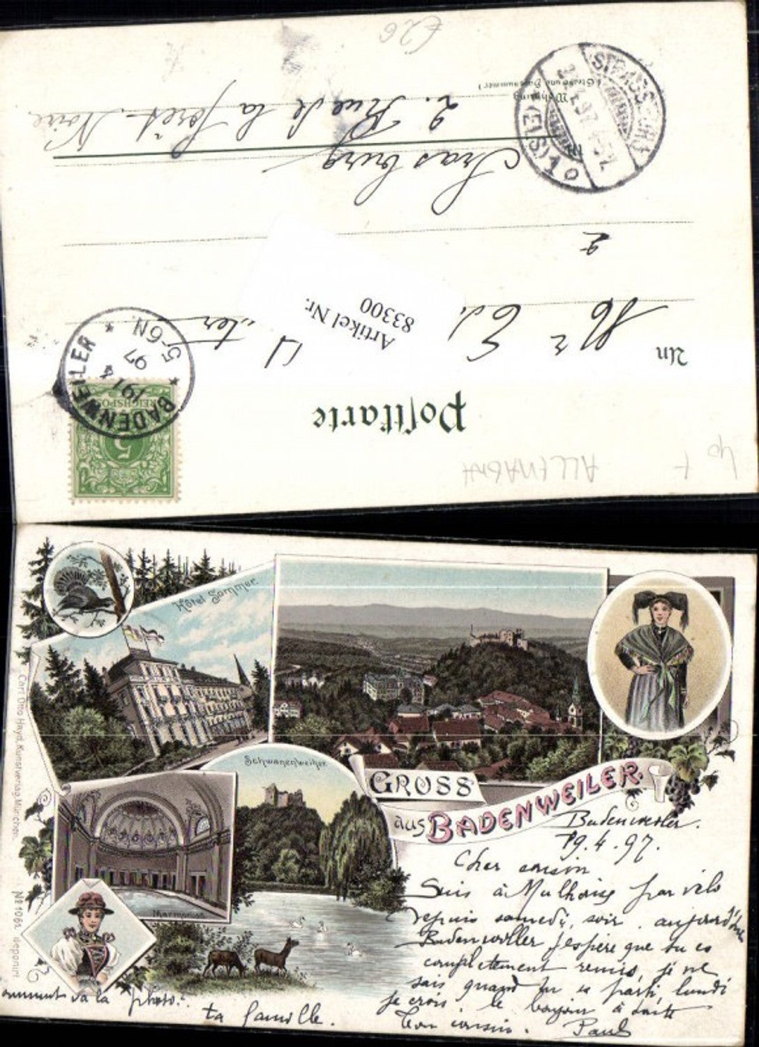 83300,Litho Gruß aus Badenweiler Hotel Sommer Marmorbad