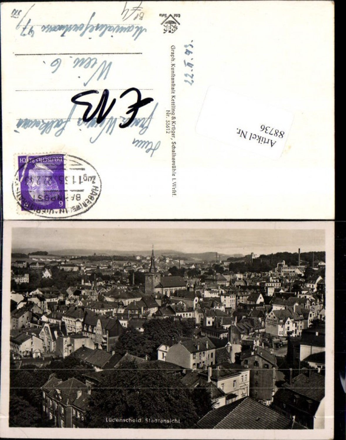 88736,Lüdenscheid Stadtansicht 1933 Bahnpost Zug 1133 Hagen - Dieringhausen