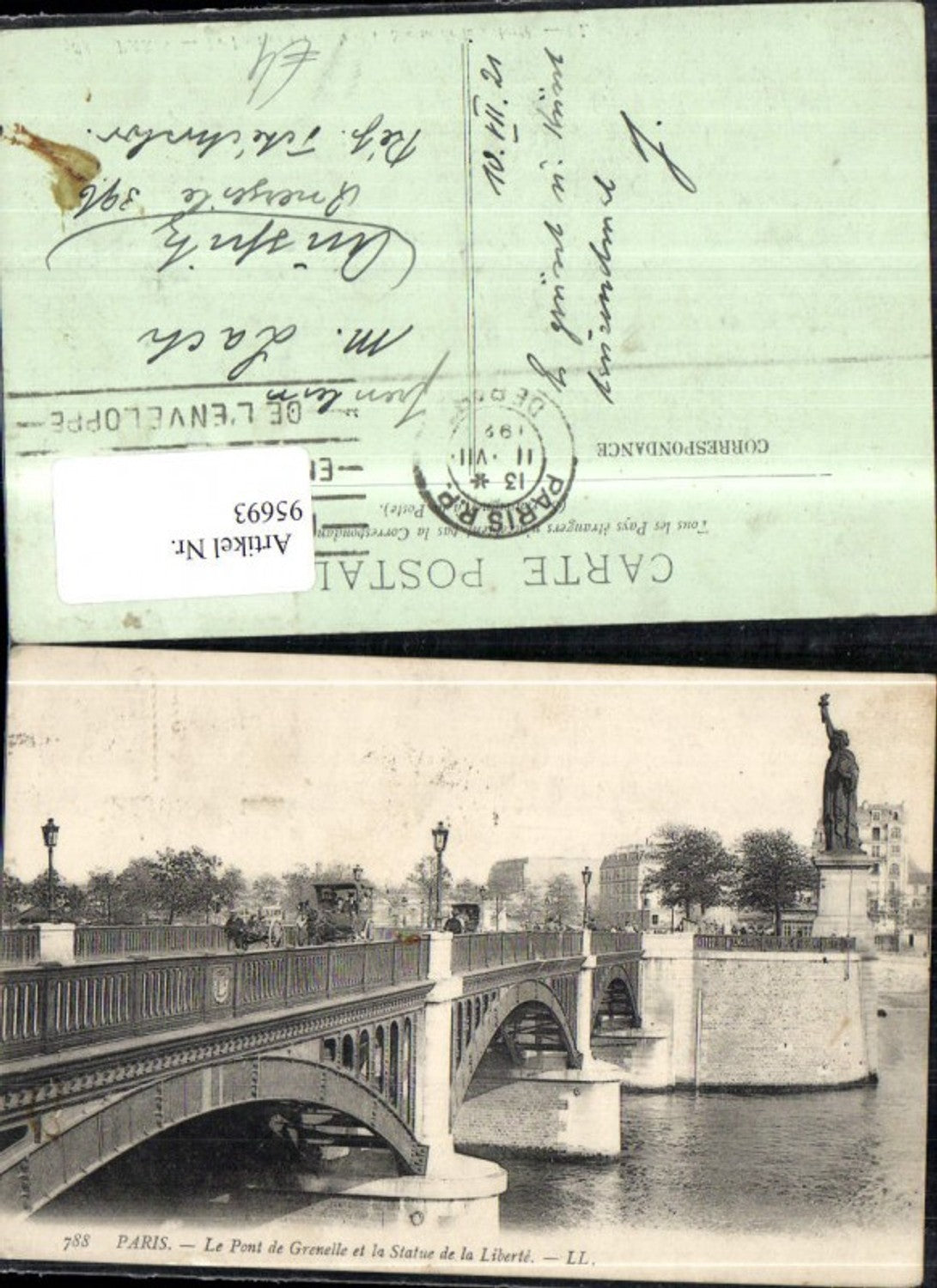 95693,Paris Le Pont de Grenelle et la Statue de la Liberte Brücke Statue 1921