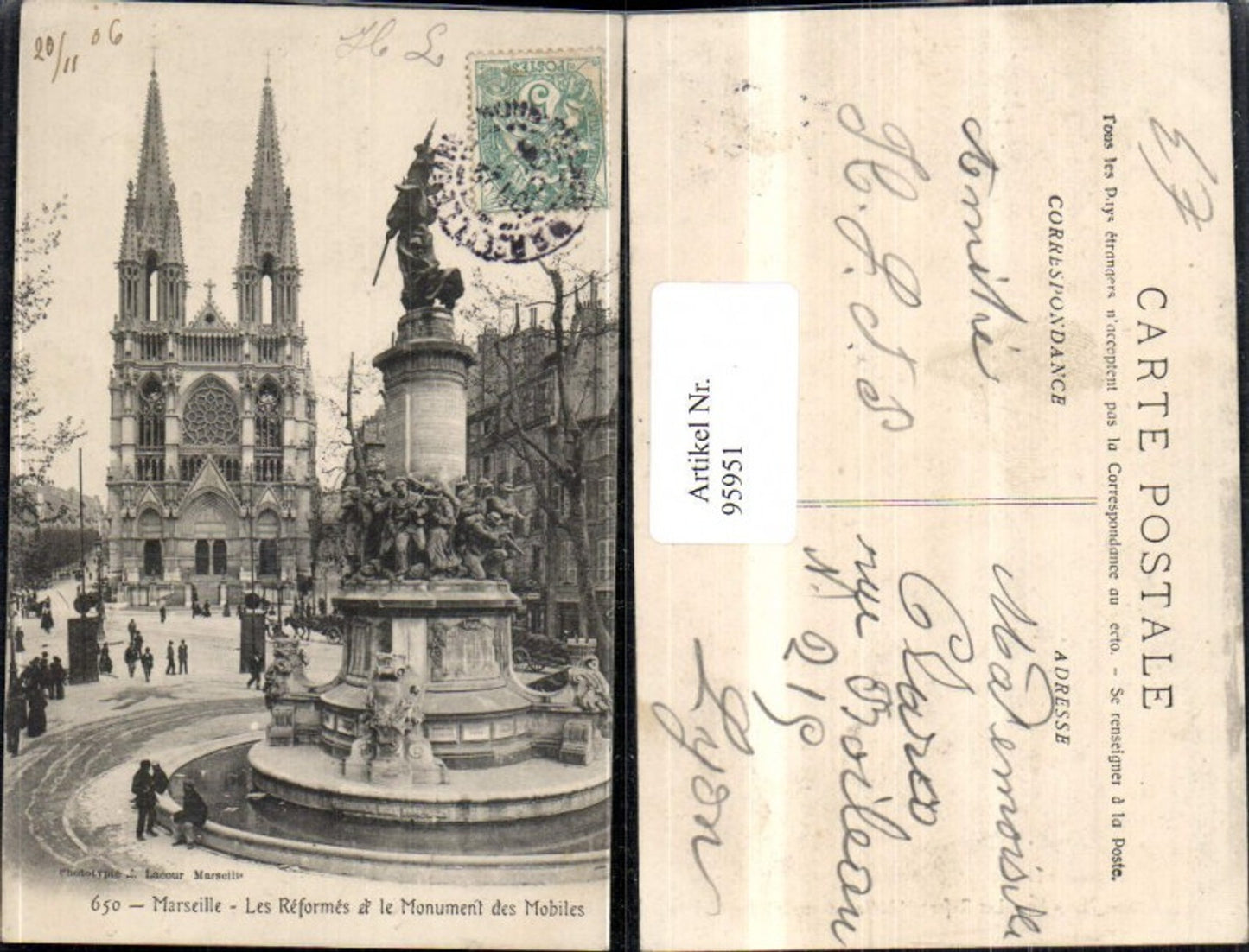 95951,Marseille Les Peformes et le Monument des Mobiles Ansicht Brunnen Platz im Winter 1906