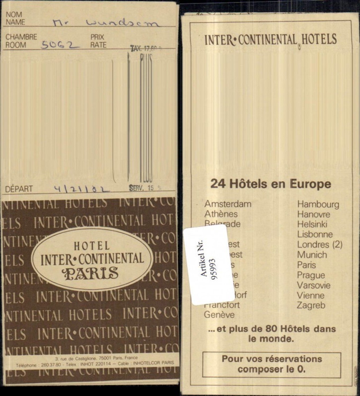 95993,Paris Hotel Intercontinental Zimmerkarte