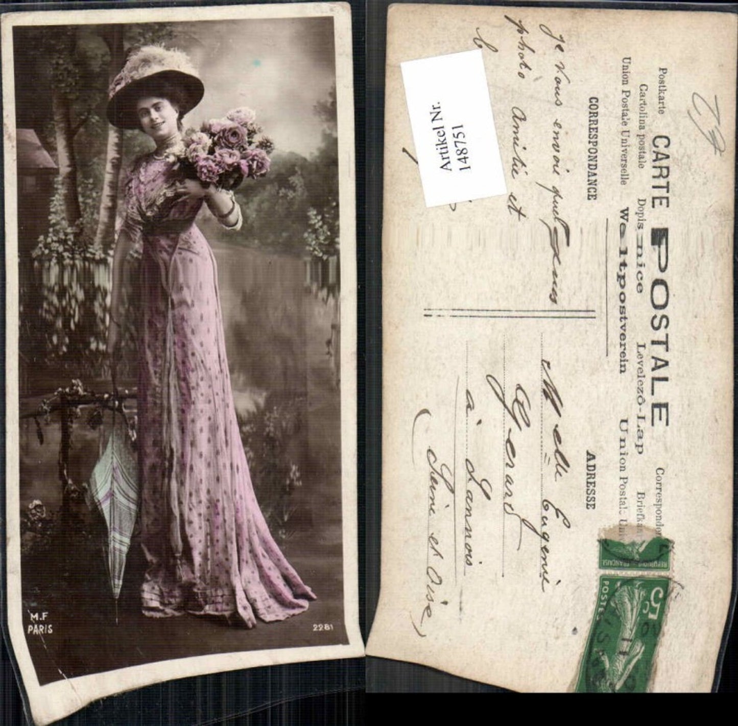 148751,Schöne Frau m. Hut Schirm Kleid Rosen