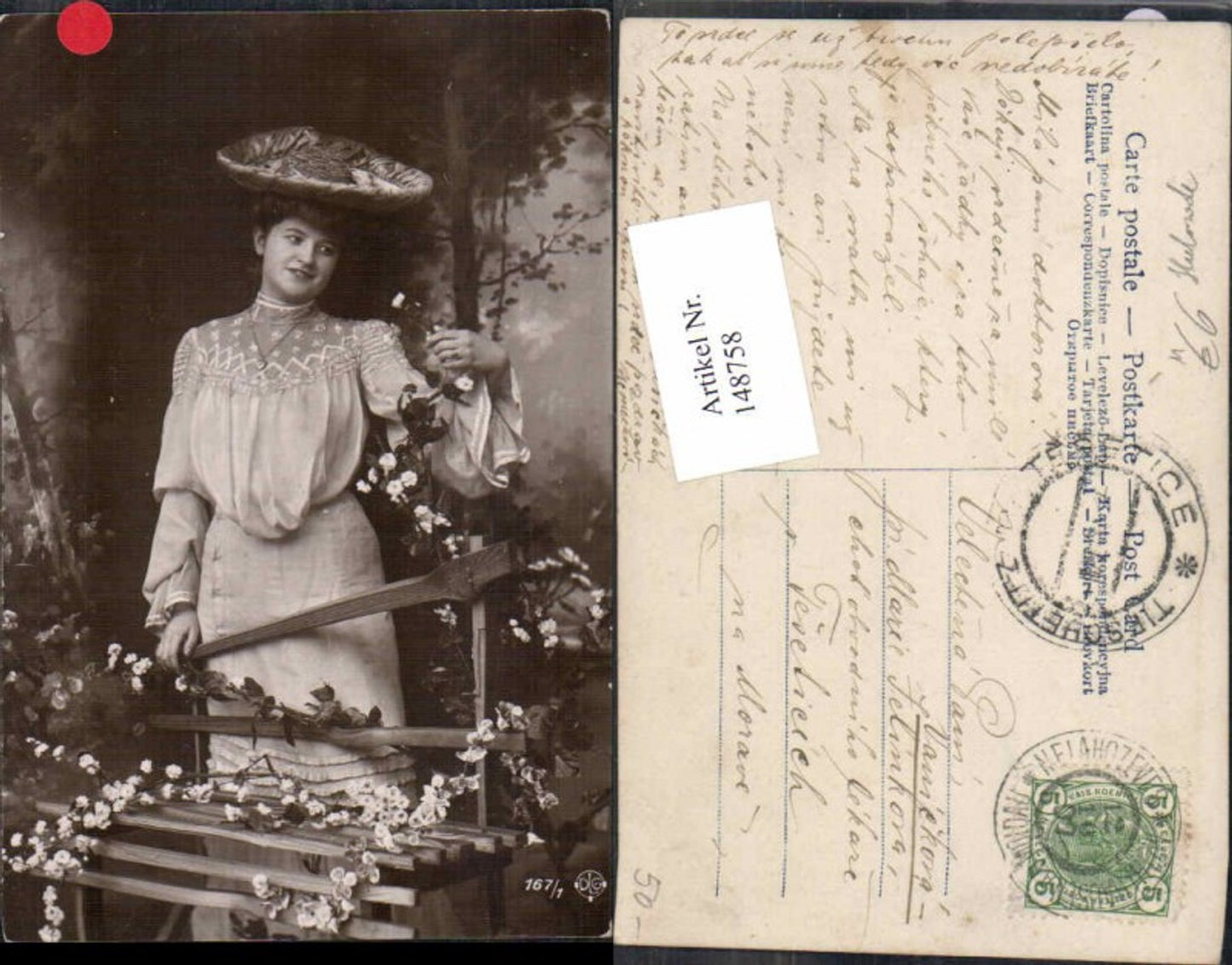 148758,Schöne Frau m. Hut Blumen Tolle AK Hutmode Mode