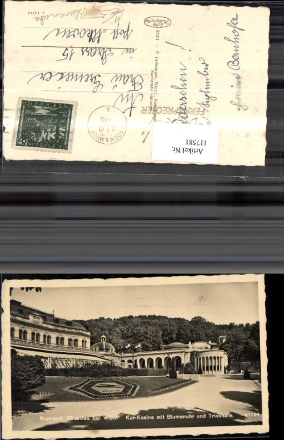 117581,Baden b. Wien Kur-Casino m. Blumenuhr u. Trinkhalle 1947