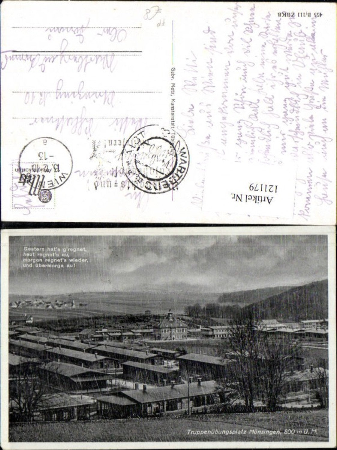 121179,Münsingen Truppenübungsplatz Ak m. Spruch 1940 Feldpost Wartberg a. d. Aist Kaserne