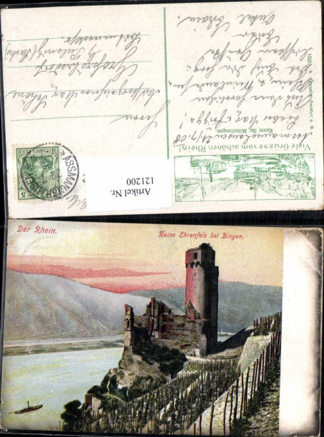 121200,Der Rhein Ruine Ehrenfels b. Bingen KünstlerAk 1908