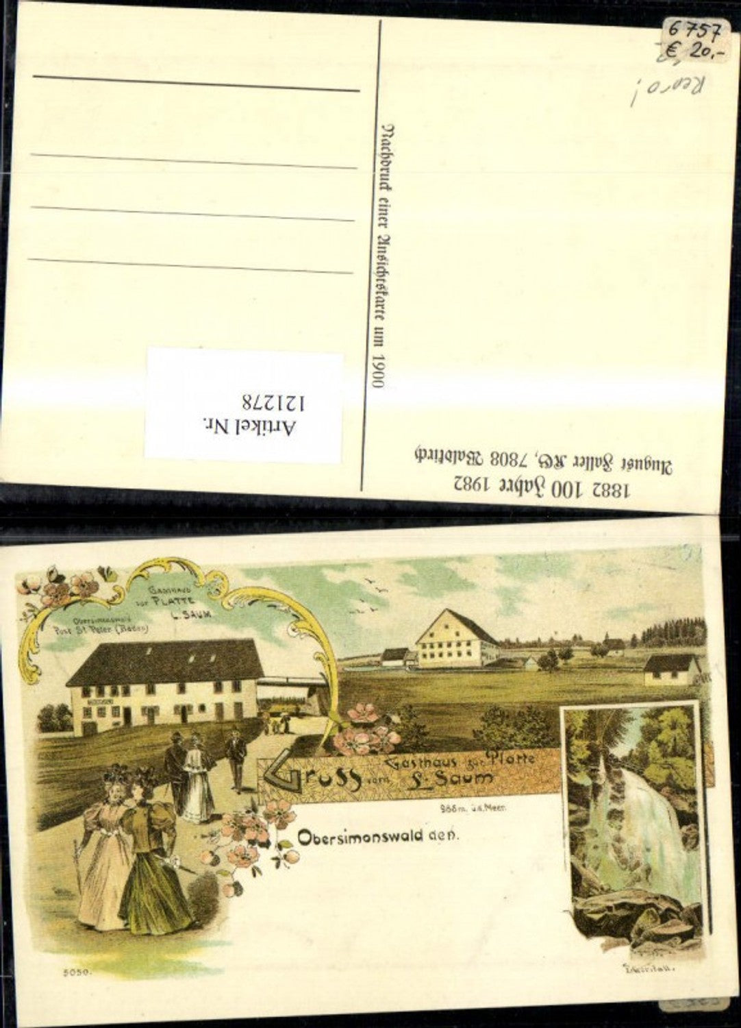 121278,Gruss aus Obersimonswald Post St. Peter Baden Gasthaus zur Platte L. Saum Litho Reproduktion