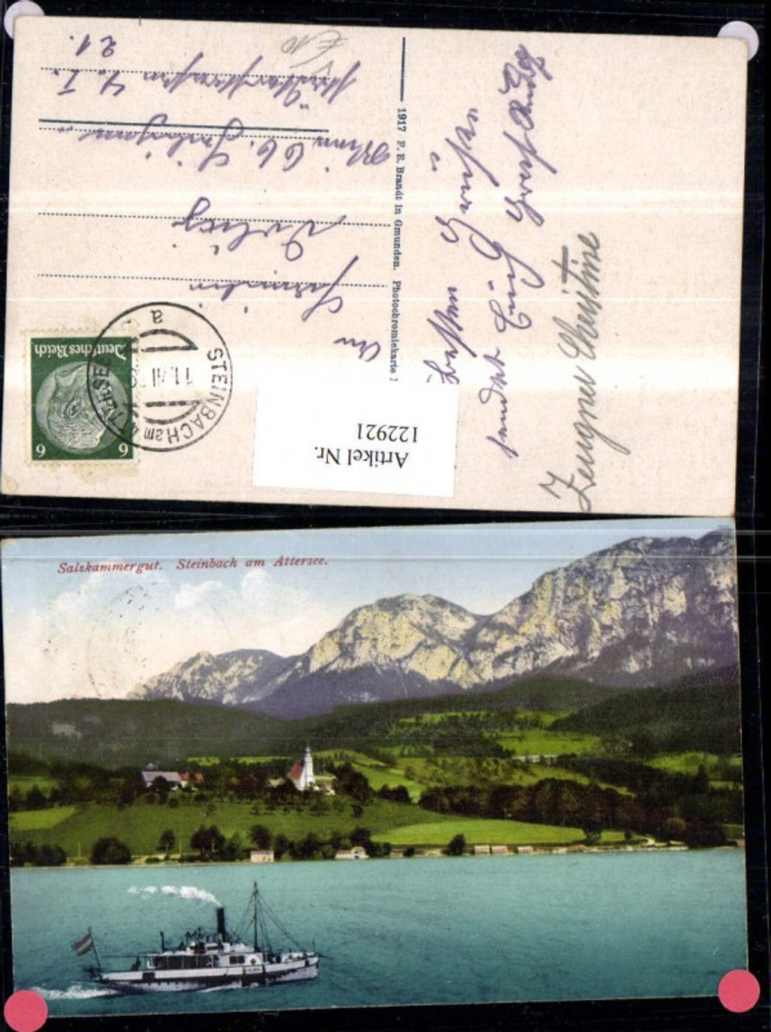 122921,Salzkammergut Steinbach a. Attersee Ansicht Schiff Dampfer 1939 pub Brandt 516
