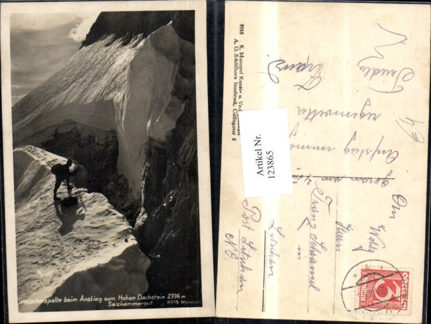 123865,Gletscherspalte beim Anstieg z. Hohen Dachstein Ansicht m. Bergsteiger 1933