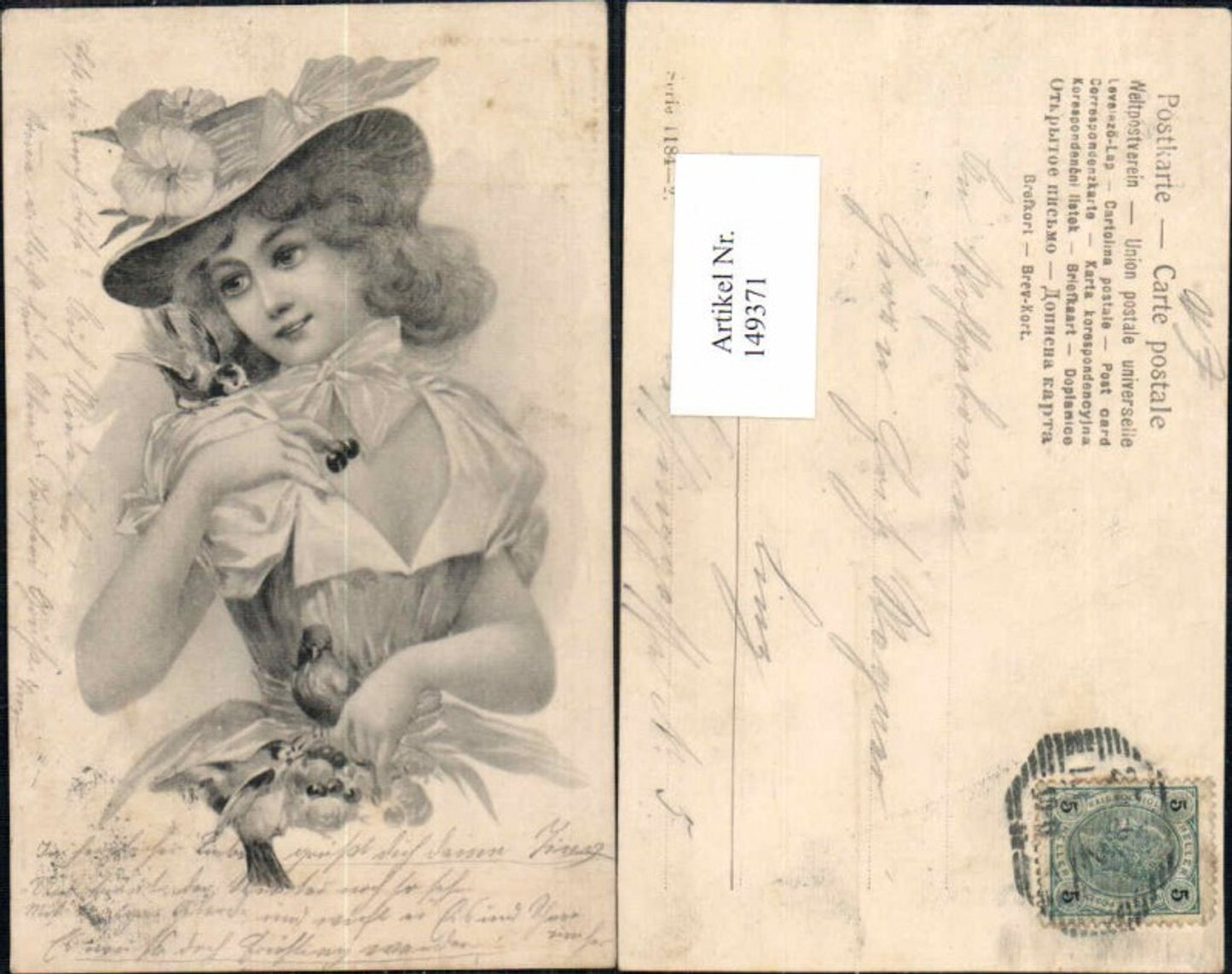 149371,Jugendstil Art Nouveau Hutmode Hut Frau Vogel Kirschen