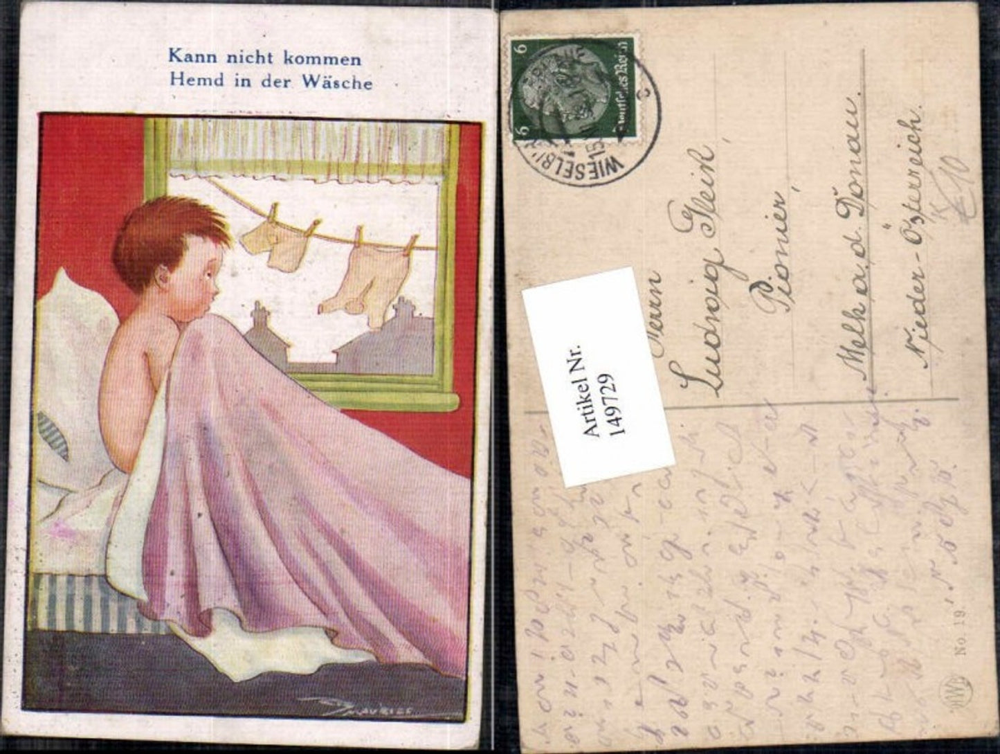 149729,Künstlerkarte Kind Junge im Bett Kann nicht kommen Hemd in Wäsche sign. Maurice ähn. Baumgarten fritz