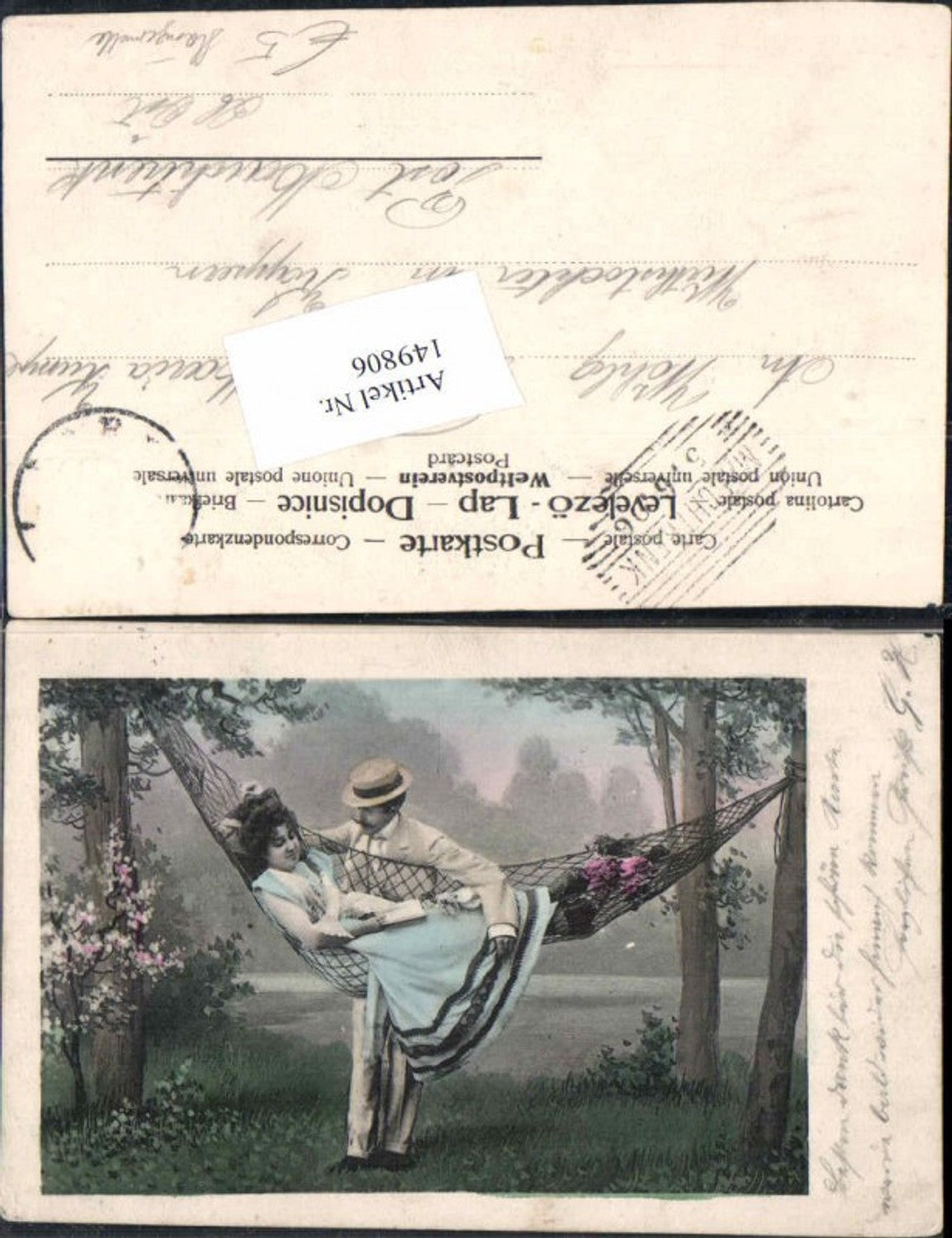 149806,Künstlerkarte Mann Hut Frau in Hängematte