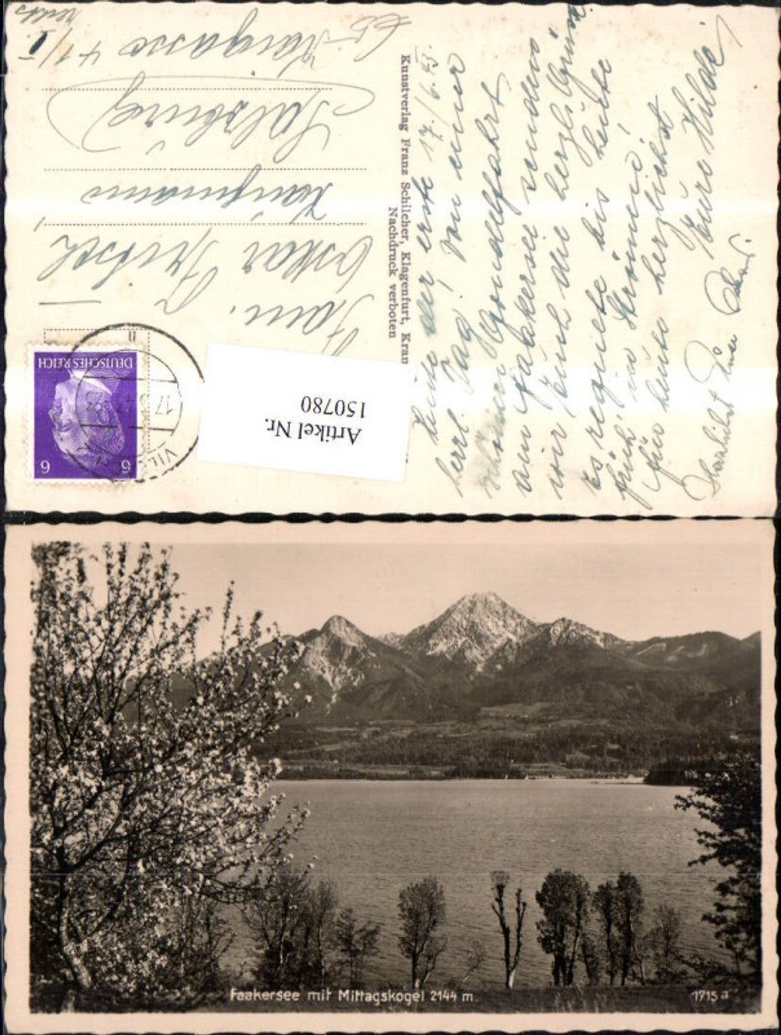 150780,Faakersee m. Mittagskogel Faak a. See Ansicht m. Blütenzweig 1943