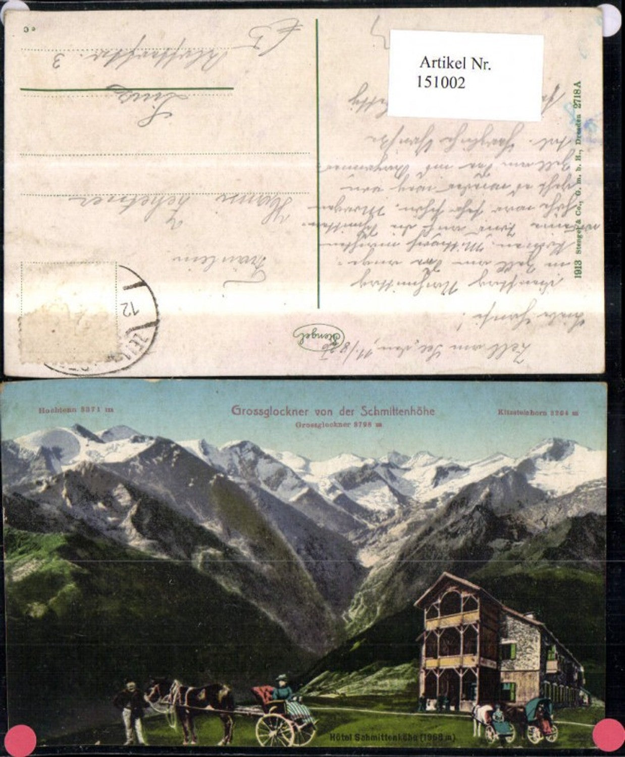151002,Großglockner v. d. Schmittenhöhe Kals Heiligenblut Ansicht Hotel Kutsche Personen 1926