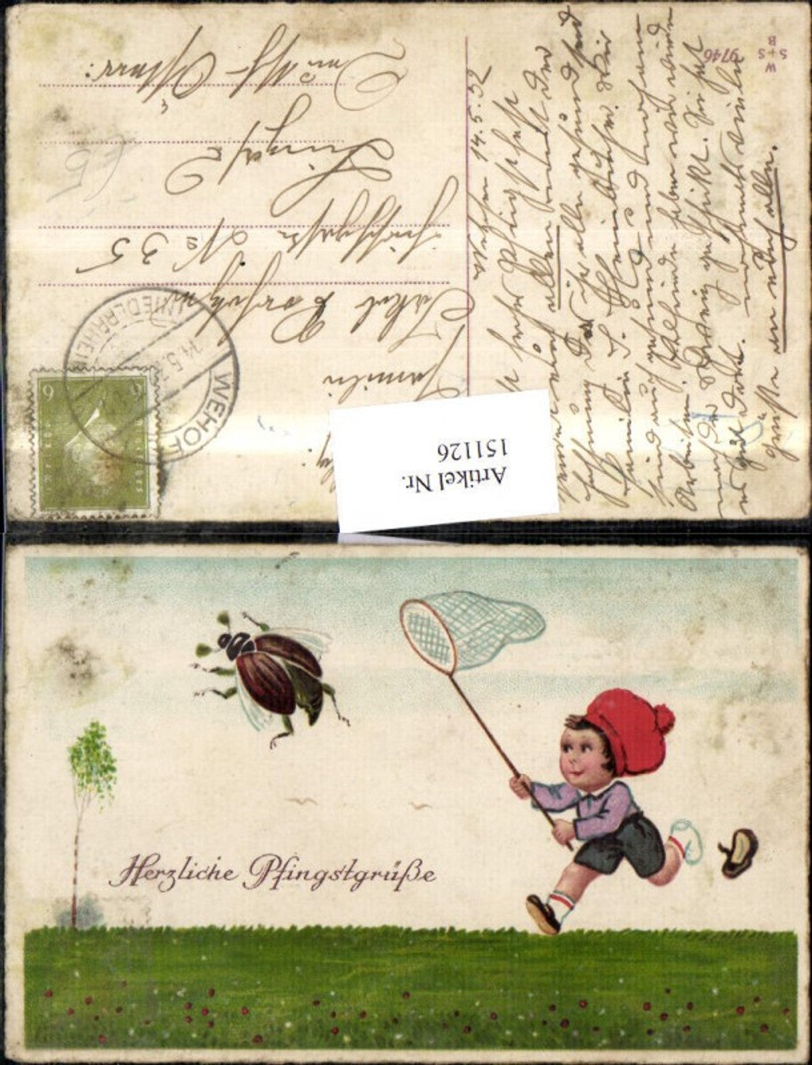 151126, Pentecost boy catching June beetle beetle net flower meadow 1932