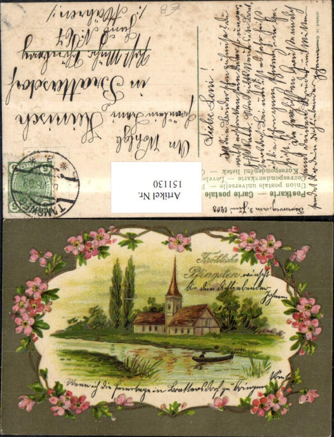 151130, Pentecost embossing postcard, glitter lettering, church on a river with rowboat, floral frame, 1908