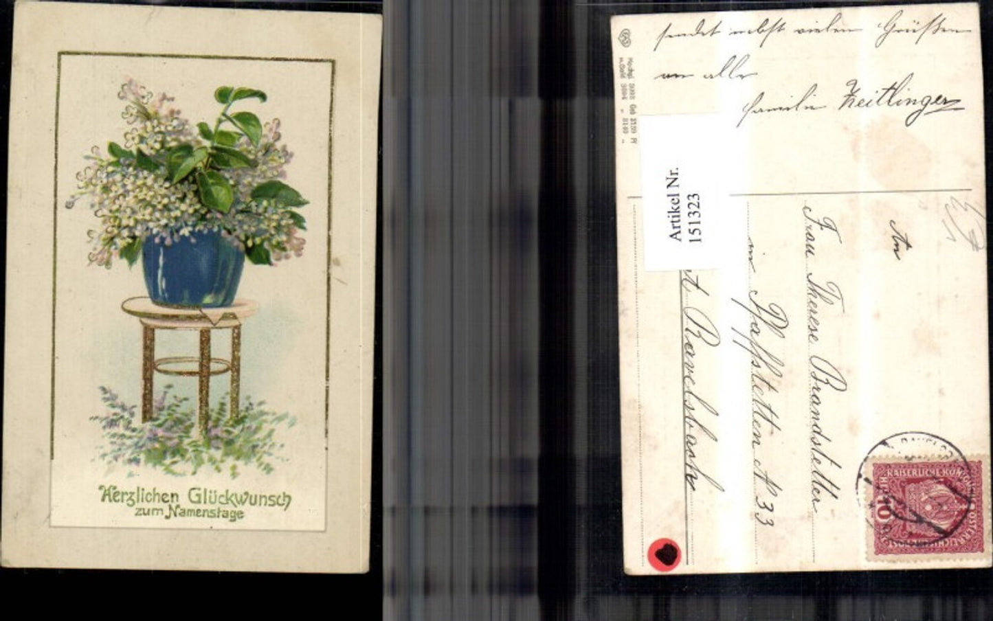 151323,Namenstag Blumentopf auf Hocker Blumen Goldverzierung pub EAS 3094