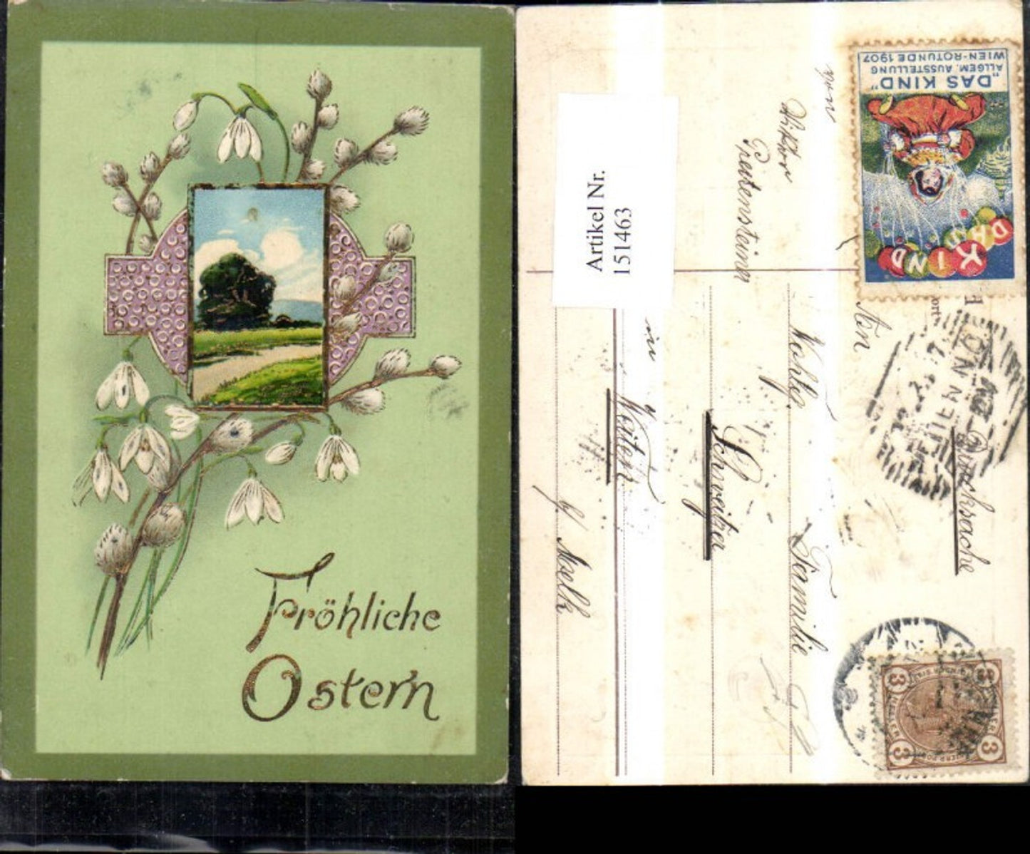 151463,Ostern Präge Ak Landschaft i. Rahmen m. Palmkätzchen Schneeglöckchen Goldverzierung