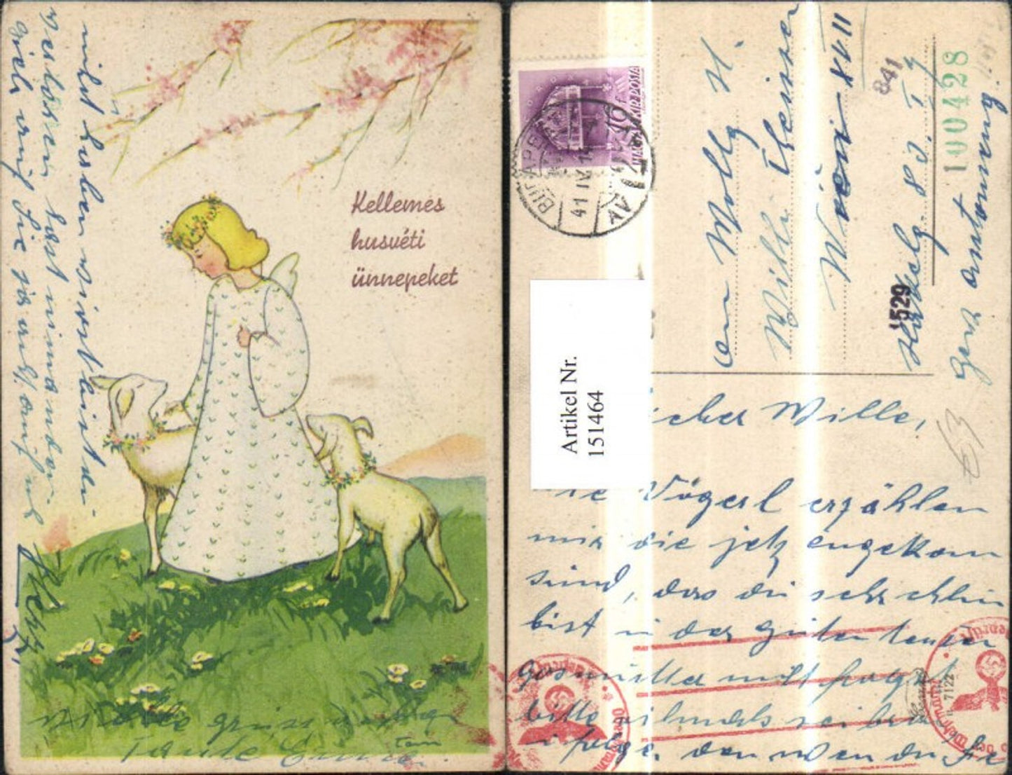 151464,Ostern Mädchen m. Blumenkranz i. Haar u. Lämmer auf Blumenwiese Blütenzweig