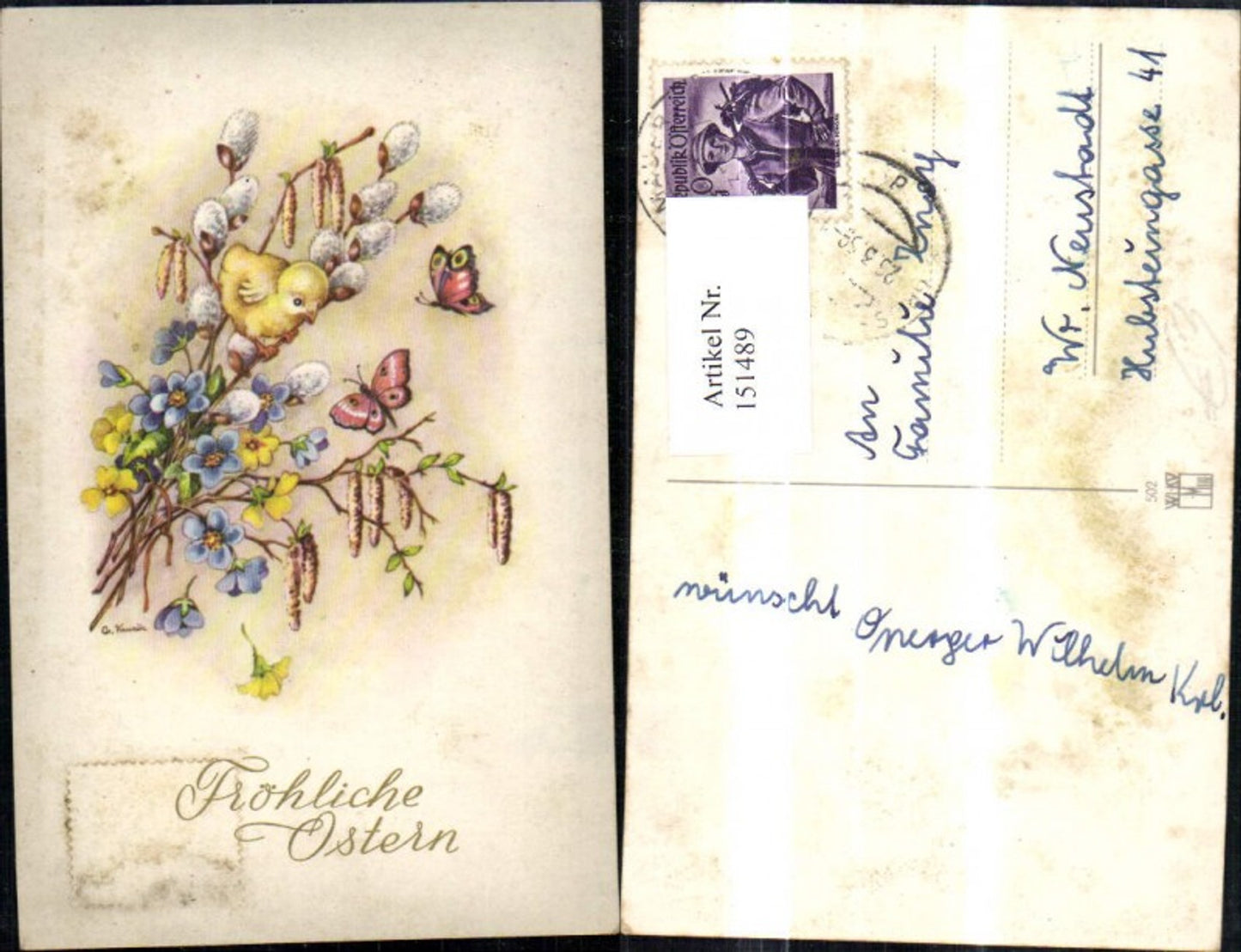 151489,Ostern Küken auf Palmkätzchenzweig Zweig Blumen Schmetterlinge Glitzerschrift