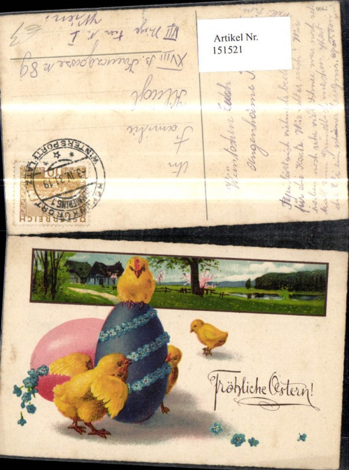 151521, Easter landscape in frame with Easter egg, chick, flowers