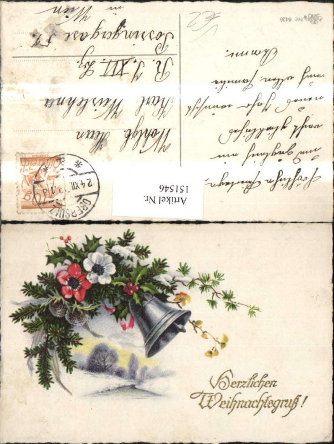 151546, Christmas Winter Landscape Bell Fir Branch Flowers Glitter Lettering pub Erika 6426