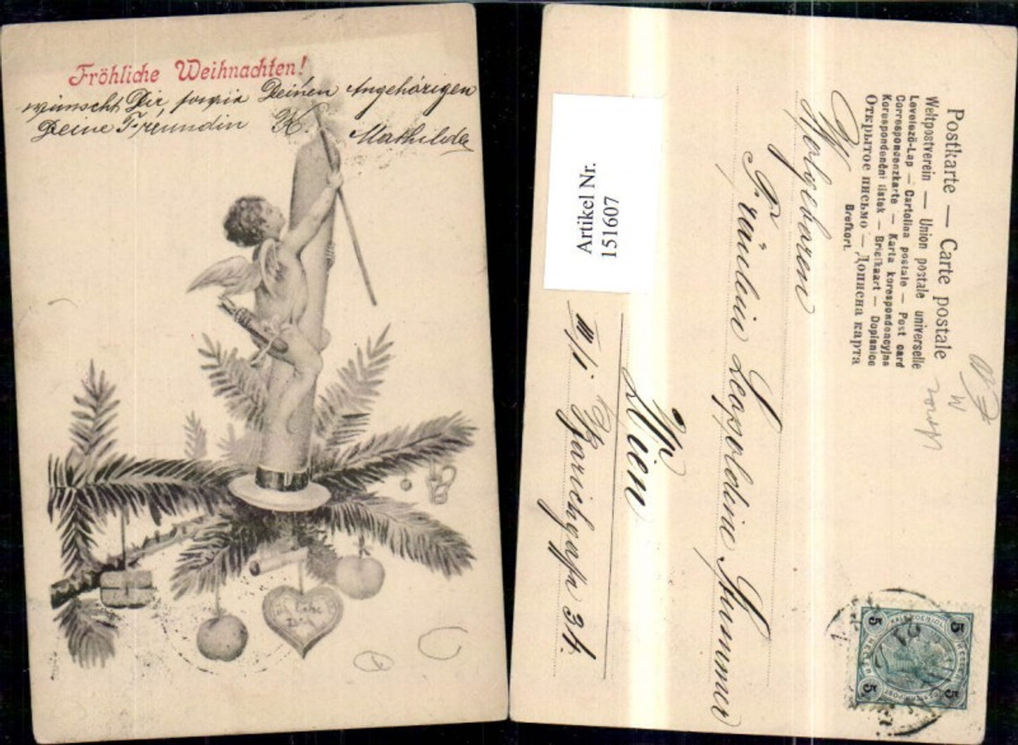 151607, Christmas Angel Cupid Arrow and bow lit Candle Fir branch Heart Apples