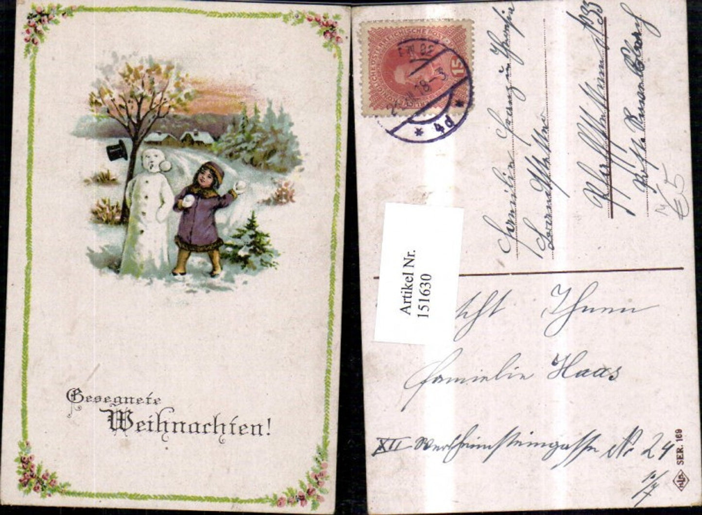 151630, Christmas girl with snowman loses hat during snowball fight