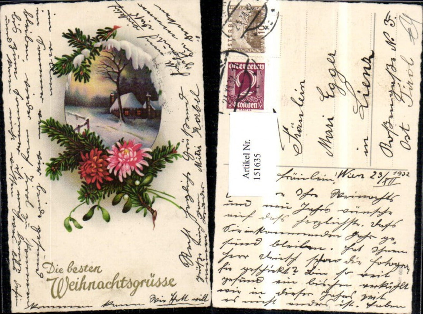 151635, Christmas winter landscape house in frame with fir branch, flower decorated with glitter lettering