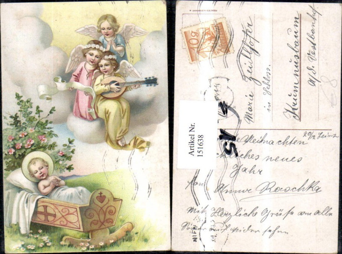 151638, Christmas Angels Singing and Playing the Christ Child in Cradle in front of Bush Cloud Instruments