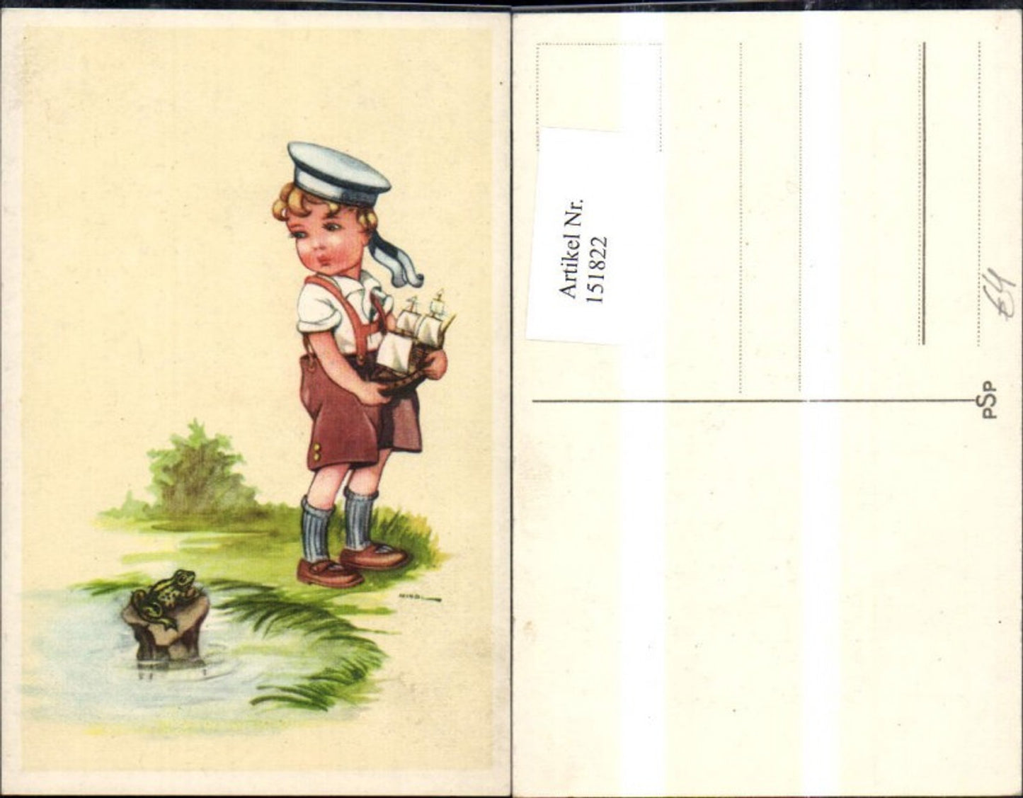 151822,Bub Junge m. Schiff a. Teich m. Frosch Matrosenhut
