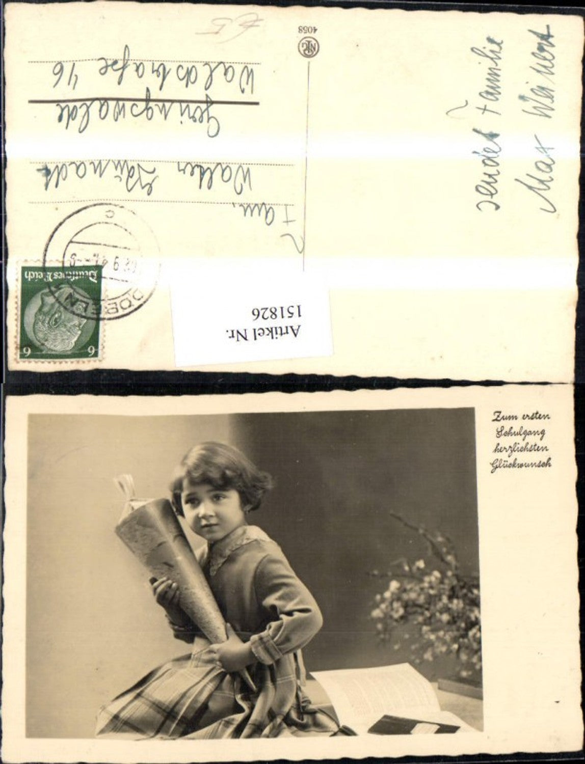 151826,Schulanfang-Einschulung Foto Ak Mädchen m. Schultüte Schreibheft Blütenzweig