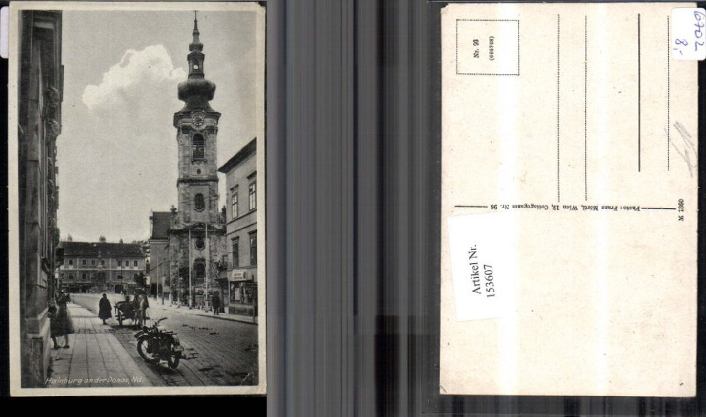 153607,Hainburg a. d. Donau Strassenansicht m. Pferdkutsche Motorrad