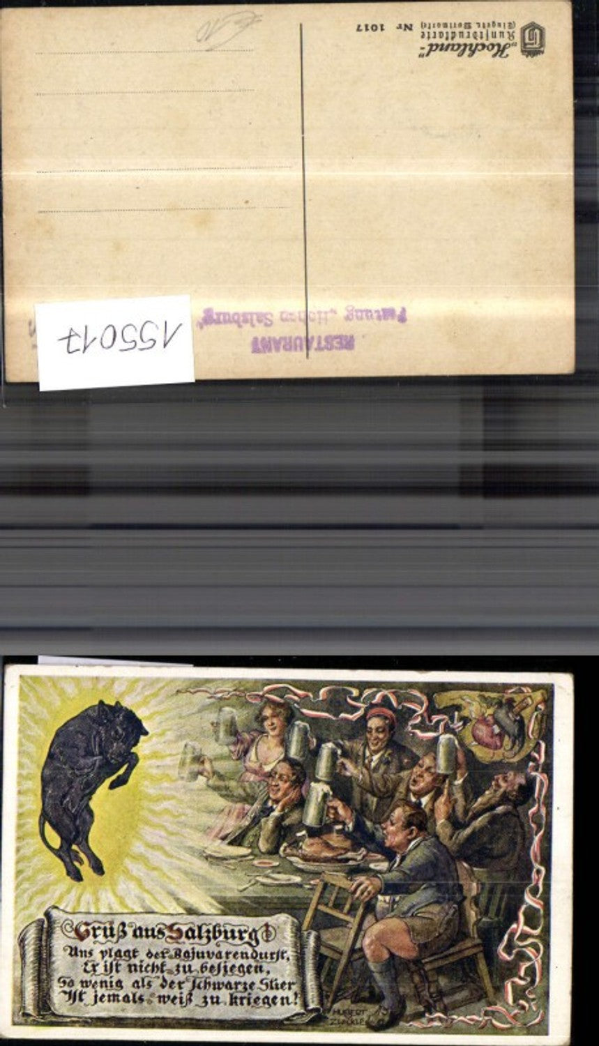 155017, Salzburg Jux card Black bull with scroll saying stilt flag beer beer mug signed Hubert Zwickle