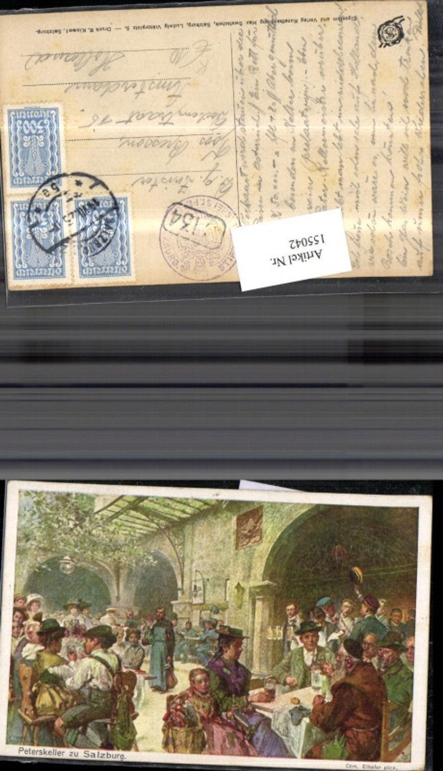 155042, Salzburg Peterskeller 1923 View with people Beer garden sign Com. Ethofer