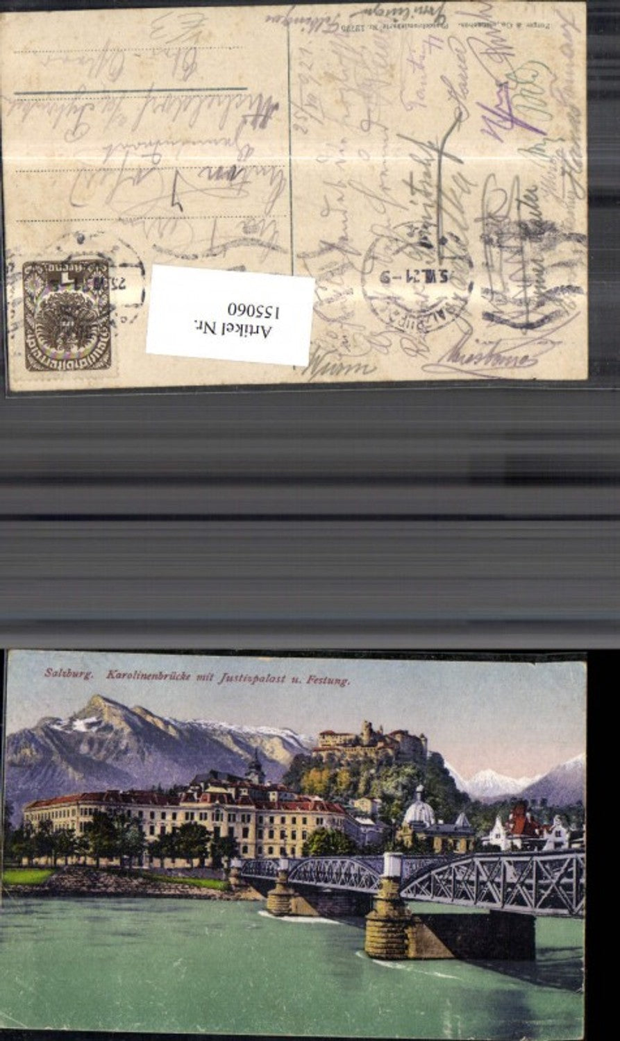 155060,Salzburg Karolinenbrücke m. Palace of Justice and Fortress 1921 pub Purger Co 12775
