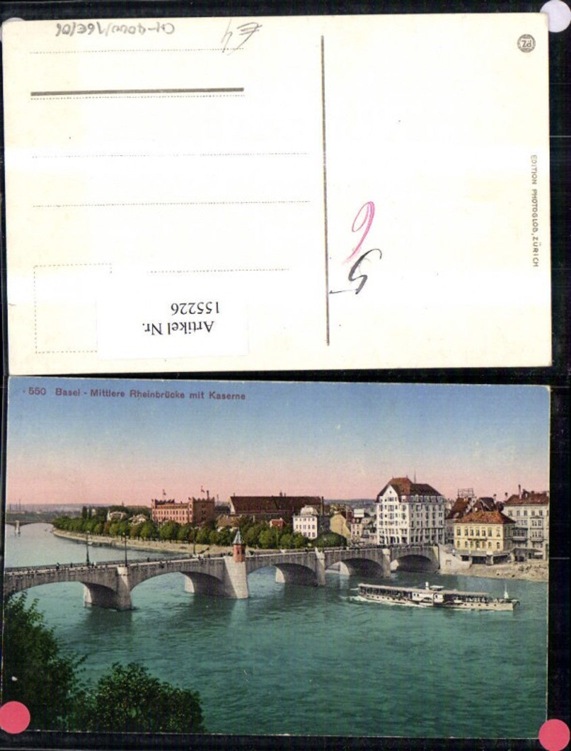 155226,Basel Mittlere Rheinbrücke m. Kaserne Schiff Dampfer