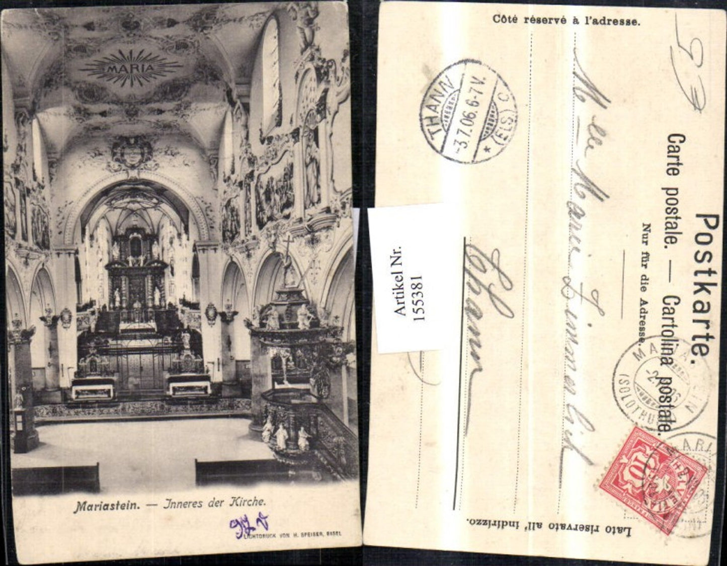 155381,Mariastein Inneres d. Kirche 1906 Metzerlen-Mariastein Kt Solothurn